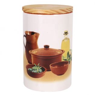 BOTE DE COCINA DE CERAMICA CON TAPA DE MADERA